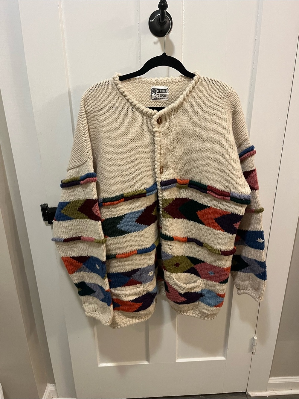 REY WEAR 100% Wool Made in Bolivia Knit Chunky Tribal Cardigan XL /XXL